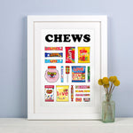 colourful graphic print featuring illustrations of sweets