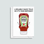 Birthday card with an illustration of a ketchup bottle and a funny pun