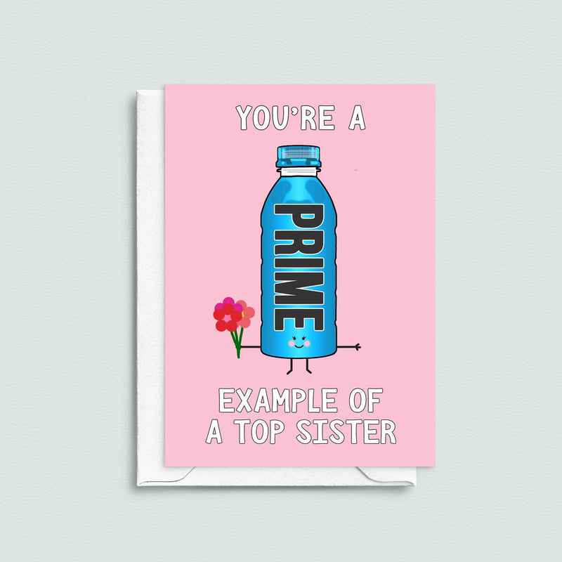 Card featuring an image of a bottle of Prime Hydration and a funny pun