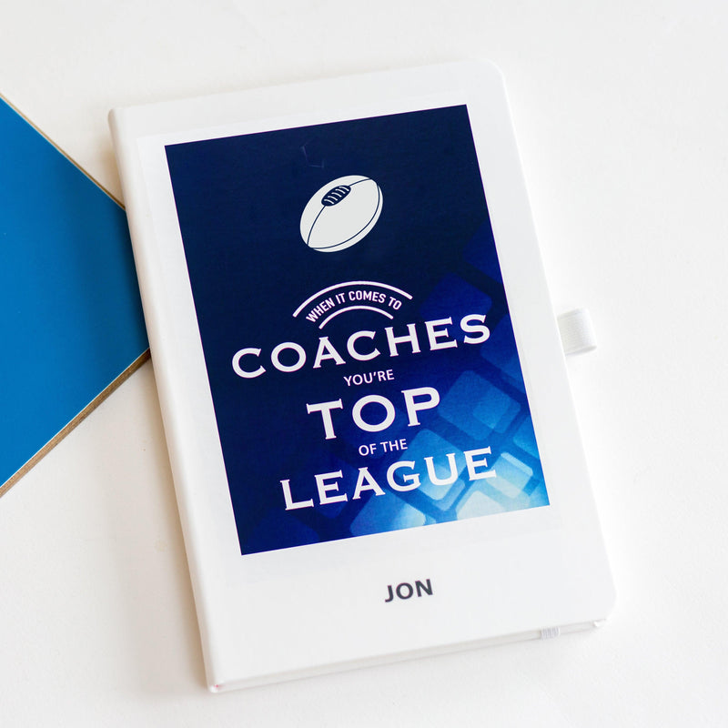 thank you gift for rugby coach of a personalised notebook with rugby design