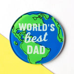 The words 'World's Best Dad' is printed on top of a world map on a coaster to make a useful Father's Day gift