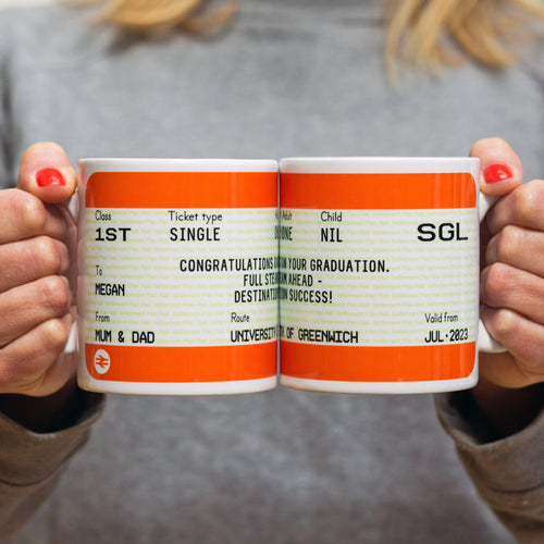 A graduation gift of a mug with all of the graduates details