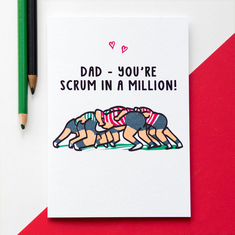 A card for Dad that features an illustration of a rugby scrum and a funny pun