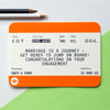 Custom engagement card designed like a train ticket 