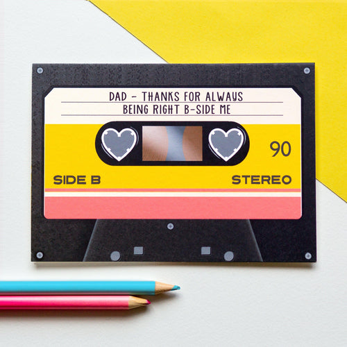Card for dad that looks like a retro cassette that has a sweet message for Dad