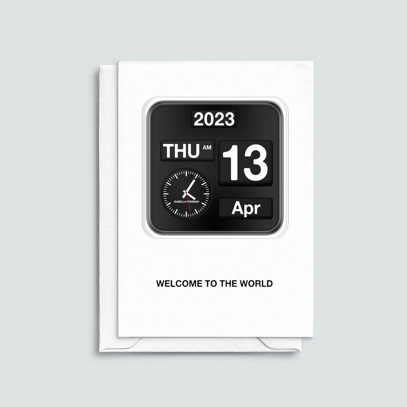custom new baby card that shows when the baby was born on a retro flip clock