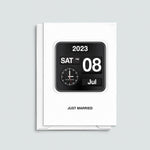 Custom wedding card that shows the date and time you of the wedding on a retro flip clock