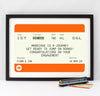 Personalised engagement gift of a print that looks like a train ticket with personalised engagement details