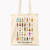 A cheer up gift of a cotton shopping bag that says 'keep your spirits up' and is illustrated with bottles of alcohol spirits