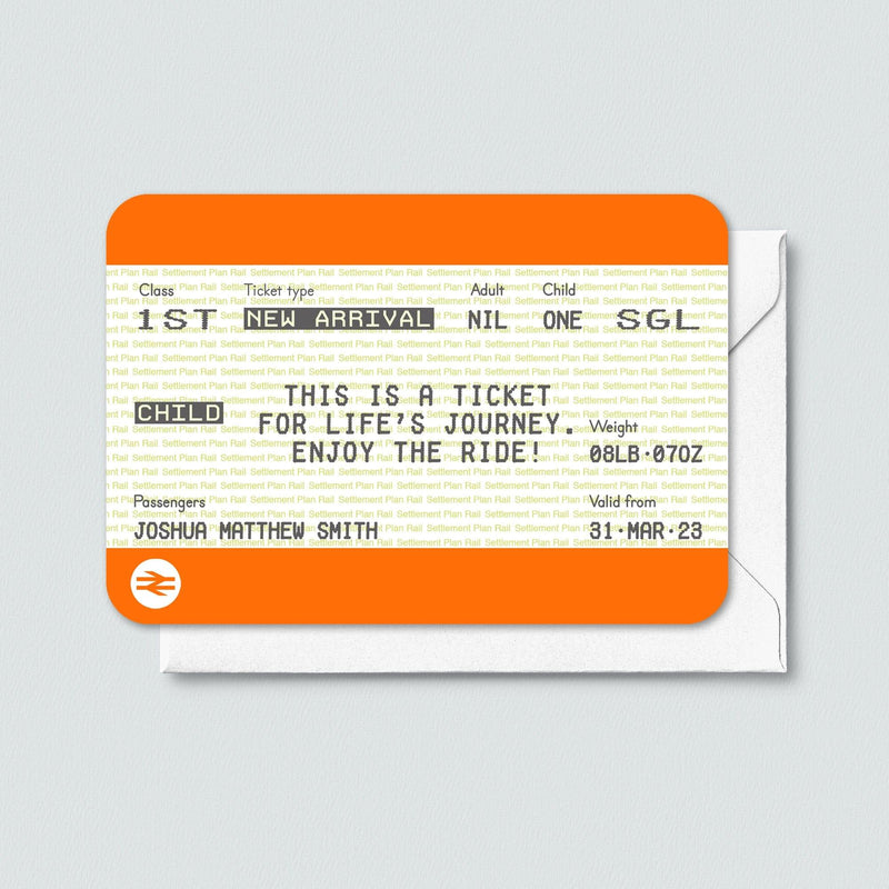 A custom new baby card designed to look like a train ticket with personalised details
