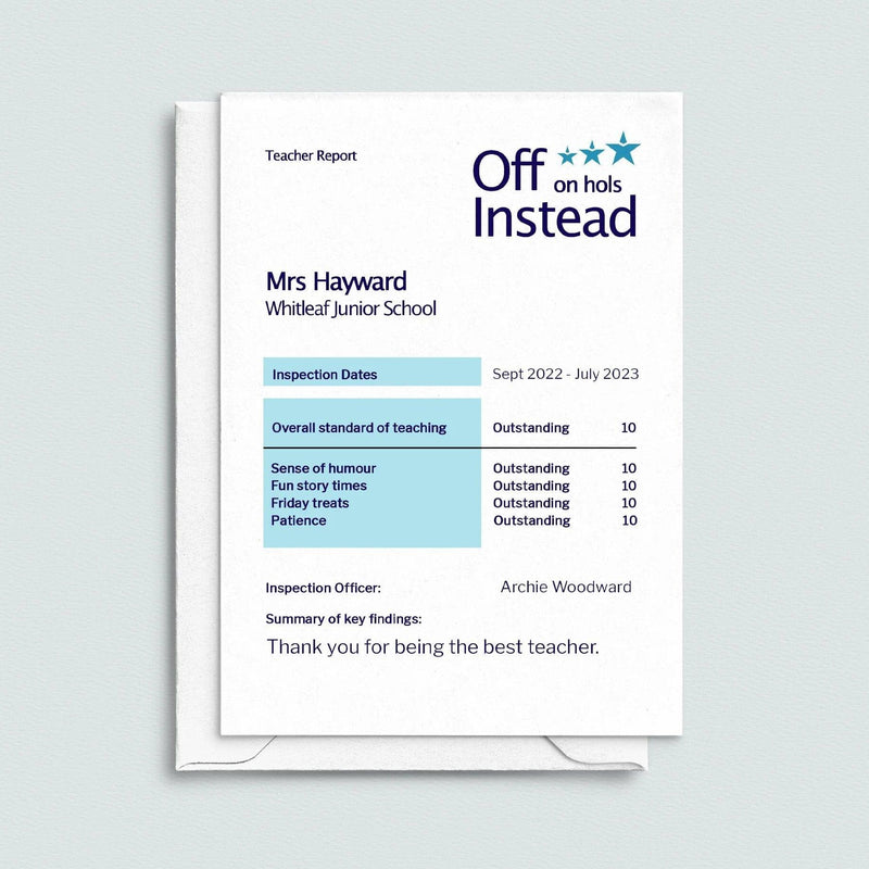 Personalised card for a teacher designed to look like a spoof ofsted report 